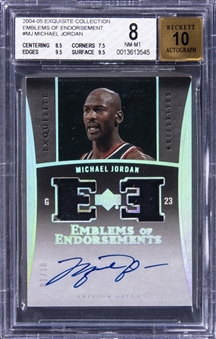 2004-05 UD "Exquisite Collection" Emblems of Endorsements #EM-MJ Michael Jordan Signed Game Used Patch Card (#01/10) – BGS NM-MT 8/BGS 10
